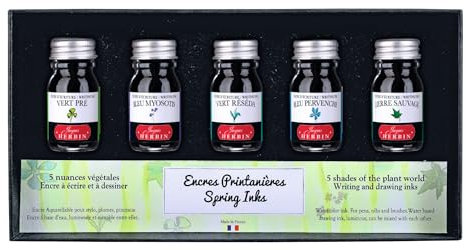Jacques Herbin 18501T - Coffret de 5 flacons d'encre 10 ml pour stylo-plumes et stylos roller, couleurs assorties printanières. Fabriqué en France