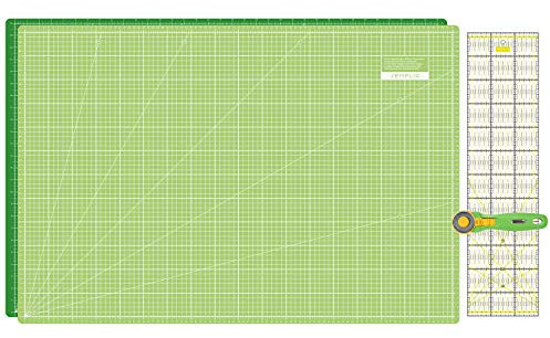 SEMPLIX Schneidematten Set - Schneideunterlage 90 x 60 cm (A1), Rollschneider Maxi 45 mm, Patchwork Lineal 60x15 cm (hellgrün/grün)