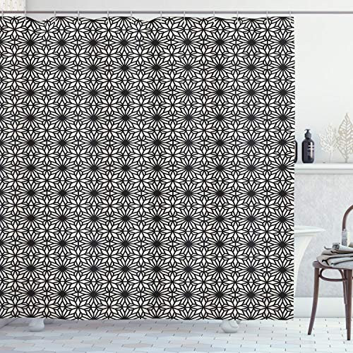 ABAKUHAUS Ethnisch Duschvorhang, marokkanische Stern, Stoffliches Gewebe Badezimmerdekorationsset mit Haken, 175 x 200 cm, Schwarz und Off White