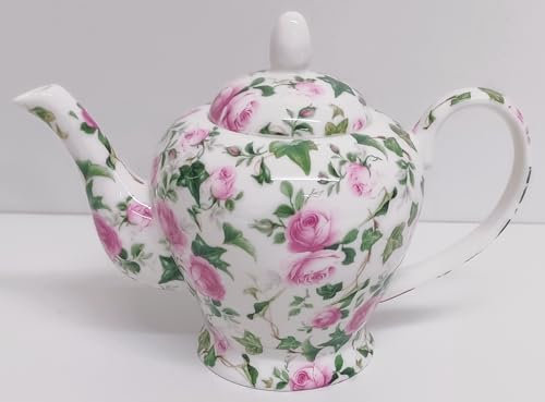 Rainbow Decors Pink Ivy Rose Teapot Fine Bone China 20oz 575 ml Pink Roses Floral Hand Decorated in UK