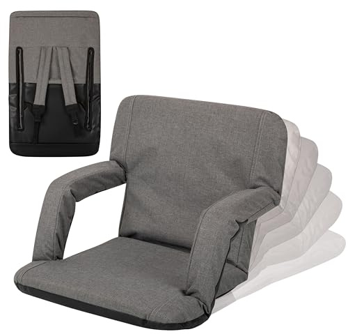 PICNIC TIME Ventura Stadium Seat for Bleachers with Back Support - Portable Reclining Folding Chair, 6 Positions, Padded Cushion Armrests, Lumbar Adjustable Backrest, Backpack Straps, (Heathered Gray)