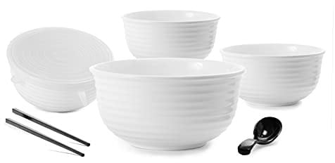 VALLENWOOD 4 XL Red Black Bowls Set, 16 Pieces Pho Bowl Set, Ramen with Black XL Spoons, Chopsticks and Sauce Dishes. Melamine, Large 37 oz for Noodles, Udon, Thai, Chinese dinnerware