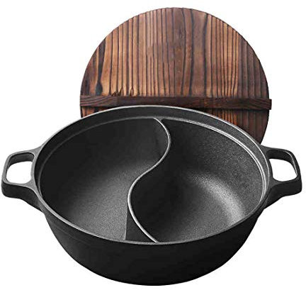 LTLWSH Cast Iron Yin Yang Hot Pot 30Cm | Works with All Major Hobs | Healthy Uncoated | Seamless Design | Professional Kitchenware for The Home