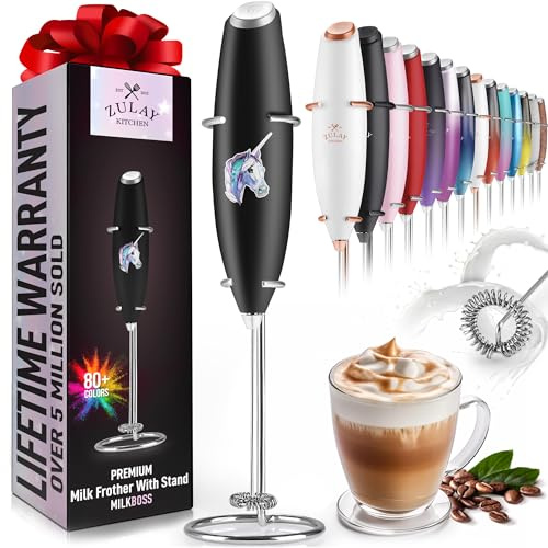 Zulay Kitchen Powerful Milk Frother Handheld Foam Maker for Lattes - Whisk Drink Mixer for Coffee, Mini Foamer for Cappuccino, Frappe, Matcha, Hot Chocolate - Unicorn Black