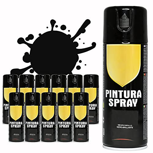 Pintura Spray 400ml para Metal/Madera/Plástico (Negro Brillo, 400 ml (Paquete de 12)