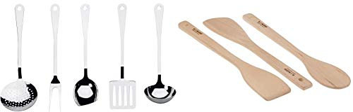 Alessi AJM19S5 L Set di Mestoli da Cucina di Design in Acciaio Inossidabile 18/10, 5 Pezzi & Ajm27Set Set Utensili Da Cucina Di Design In Legno, Composto Da 2 Cucchiai E 1 Paletta