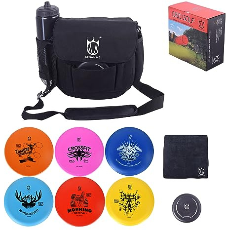 CROWN ME Disc Golf Set, Disc Golf Starter Set,Includes 1pc Bag with Water Bottle Pocket and Accessory Pocket, 2pcs Drivers, 2pcs Mid-Ranges, 2pcs Putters, 1pc Mini Disc Marker and 1pc Towel