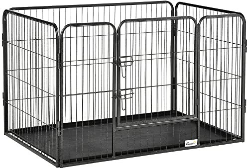 PawHut Parque para Mascotas Rectangular Parque de Juegos para Mascotas 4 Paneles de Acero 109x74x71 cm con Puerta de Doble Pestillo y Bandeja Extraíble para Exterior e Interior