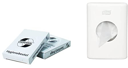 Hygienebeutel Deiss Universal, weiß, 25x30bags (750 Stück) & Tork Distributeur de sachets pour serviettes hygiéniques blanc B5, Elevation, 1 pièce, 14 x 3.6 x 10 cm, 566000