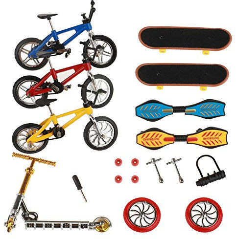 HIHOBDAY Mini-Finger-Spielzeug-Set, Mini-Scooter, Finger-Skateboards, Finger-Bikes, kleines Schaukelbrett mit Ersatzrädern und Werkzeugen (18 Stück)
