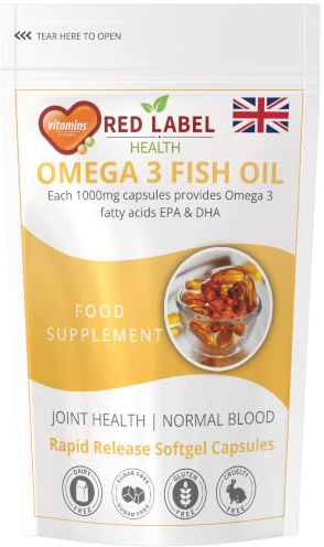 Red Label Health Omega 3 Fish Oil 30 Softgels 1000mg Fatty Acids | 1 Month Supply. With 180mg EPA & 120mg DHA to support heart, brain & eye health. Made in the UK.