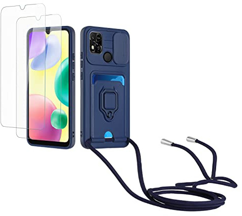 Kaslly Case für Redmi 9C/9A/Xiaomi Poco C3 Handykette Hülle+[2 Schutzfolie Glas],Slide kameraschutz,Silikon Handyhülle zum Umhängen Kette,Kartenfach-Navy blau