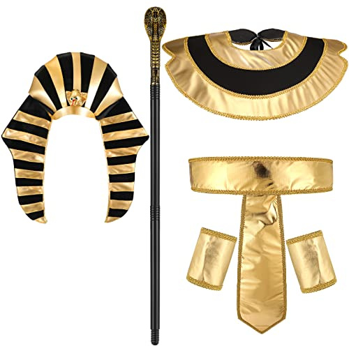 Tarpop 5 Stück Ägyptisches Kostüm Zubehör Set Pharao Hut Ägyptische Kragen Ägyptische Gürtel Manschetten Cobra Kopf Zepter für Männer Halloween King Tut Cosplay Rollenspiel Requisite Party Supplies
