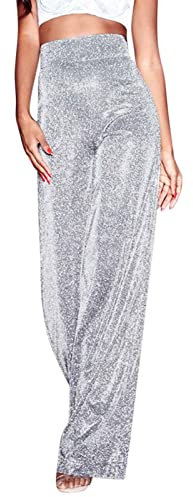 Glitzer Hose Damen Schwarz Pailettenhose Weite Hose mit Pailletten High Waist Hose Glitzerhosen Elegant Mesh Freizeithose Frauen Party Festival Club Kostüm Glitzer Hose Silber Gold Weiße Blau
