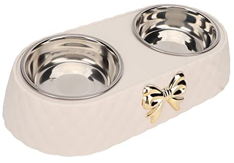 Qcwwy Double Dog Bowls, Cat Food Water Bowls with PP Material Base Prevent for Puppy Small Medium Dogs 2 Stainless Steel Dog Bowl with Non Slip Holder Bowknot Decor (Beige)