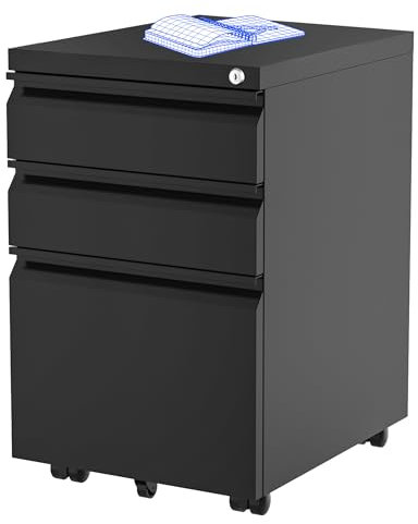 FLEXISPOT Rollcontainer, Metallschrank mit 3 Schubladen, Kommode schwarz, Aktenschrank Büroschrank Schreibtisch Unterschrank für Büro Wohnzimmer Schlafzimmer mit Schlüsselschloss und Anti-Kipp-Rad