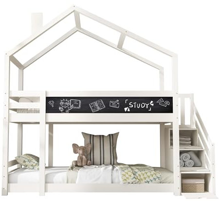 NAIZY Kinderbett Baumhaus 90x200 cm mit Schornstein, Speicherung, Rausfallschutz inkl. Tafel & 2X Lattenrost - Weiß (ohne Matratze)