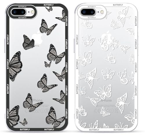 Yoedge 2 Stück Transparent HandyHülle für iPhone 7 Plus/8 Plus Hülle Schmetterling 5,5, Silikon Schutzhülle für iPhone 8 Plus Case Schwarz Butterfly Muster Aesthetic Mädchen Frauen Durchsichtig Cover