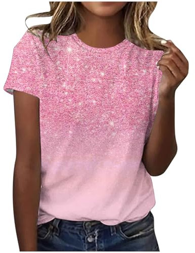 Bluse Damen Lustige Glitzer Druck Tshirt Pailletten Muster Oberteile Sommer T-Shirt Kurzarm Pullover Rundhals Shirt Locker Tops Leicht Pulli Bequem T-Shirts für Frauen Streetwear Longbluse