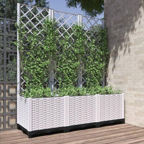 Tidyard Pflanzkübel Pflanzgefäß Pflanzenbeet Gemüsebeet Gartenspalier Garten-Hochbeet mit Spalier Blumenkübel Pflanzkasten Blumenkästen Rankgitter Rankkasten Weiß 120x40x136 cm PP