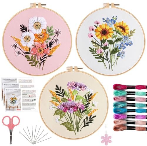 Offizon 3PCS Embroidery Kit for Beginners - Cross Stitch DIY Craft Set, Flower Embroidery Accessories & Hoop Included, Hand Embroidery Kit for Adults Stitching Sewing Kit Gift | FlowerB Patterns