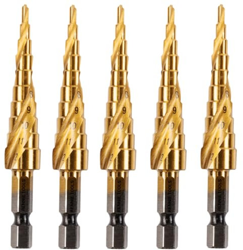 5 Pack - 3mm to 12mm Spiral Flute Step Drill Bits High Speed Steel Titanium Coated, Metric Hex Shank, HSS Tool Set for DIY Plastic Wood Steel Metal Aluminum. Cone Cutter Hole Cutter Drill Bits