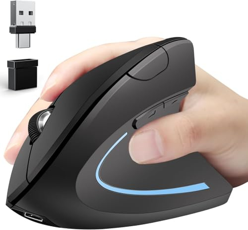 Qxvnm Ergonomische Maus Vertikal -Aufladbar 2.4GHz Optisch (Bluetooth+USB+USB C) Modi Wireless Mice- 800/1200/1600DPI 6 Tasten für Laptop Computer PC