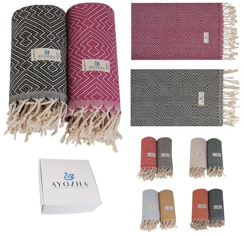 AYOZHA 2er Set Luxus Hamamtuch XXL 180x95 cm - 100% Baumwolle Schnelltrocknend Sandfrei vorgewaschen kompakt - Perfekt für Strand, Sauna, Picknick und Reise (Fuchsia - Schwarz)