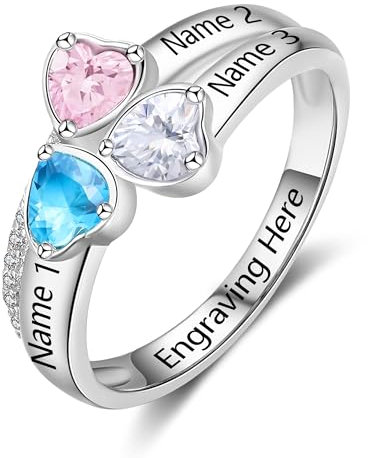 Amsgedhie Damenring mit Gravur 925 Sterling Silber Personalisierter Ring mit Edelstein und Name, Herz Zirkonia, Damenschmuck, Überraschungsgeschenk (Silber-2)