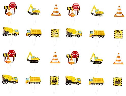 Vaguelly Unique Construction Vehicles Cake Toppers 24pcs Paper Picks for Birthday Dessert Decor