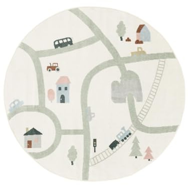 RugVista Road map Kinderteppich, Ø 150 cm, Weiß/Multi | Moderne, Kinder, Rund, Mittlerer Stapel, Maschinenwäsche, Oeko-Tex 100, Ohne gefährliche Chemikalien, Kinderzimmer