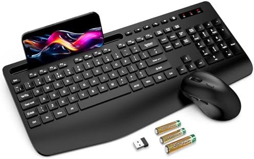 SABLUTE Wireless Keyboard and Mouse Set, 2.4G Ergonomic Cordless Set with Wrist Rest, Phone Holder, Batteries Included, Lag-Free Silent Keyboard and Mouse Combo for Laptop, PC, Mac, Windows