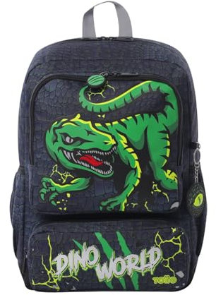 TOTTO - Mochila Infantil, Modelo Rex Dino Raptors M, Mochila Mediana, Capacidad 13 L, 2 Compartimentos, 2 Bolsillos Botella, Organizador Interno, Correas Acolchadas, Resistente y Duradera, Color Gris