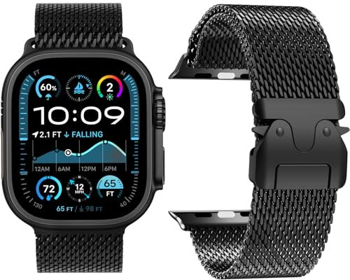 Milanese Loop Strap Compatible with Apple Watch Straps Ultra 2/Ultra 49mm 46mm 45mm 44mm 42mm(Series 3 2 1) Women Men, Parachute-style Buckle Metal Mesh Band for iWatch 10 9 SE 8 7 6 5 4