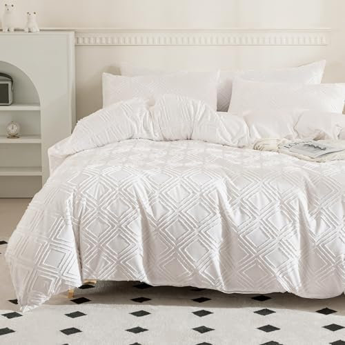 JELLYMONI Bettwäsche 200x200 Kariert Boho Bettwäsche-Sets Weiß Oeko-Tex Polyester-Mikrofaser Bettbezug mit Reißverschluss und 2 Kissenbezüge 80X80 mit Umschlag Weich 3-Teilige Bettwäsche