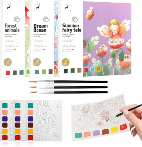 OVOISSTIY Malbuch Wasserfarben für Kinder, 3 Packs Aquarell-Malpapier 60 Seiten von 3 Themen, Pocket Aquarell Watercolor Painting Book für Kinder mit Wasserpinsel Stift, Geschenk Kind