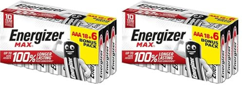 Energizer - MAX, 18+6 AAA-Batterien, Lange Lebensdauer für den täglichen Gebrauch, Keine Sulfatierung und 10 Jahre Lebensdauer, Paquete de 24 (Packung mit 2)