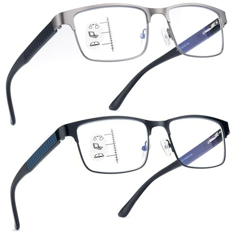 Missfive 2 Pack Gleitsichtbrille Herren Metall Multifokale Blaulichtfilter Halbrahmen Gleitsicht Lesebrille Mit Federscharniere (Schwarz&Gunmetal, Nähe-Mittlere Entfernung, 2.0x)