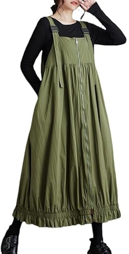 LIUYUYOUGO Sommerkleider Damen Midi Latzkleider Für Damen Ärmelloses Trägerkleid Aus Leinen Latzhose Verstellbarer Riemen Reißverschluss Vorne Latz Overall Röcke Lockeres Sommerkleid Mit Rüschen