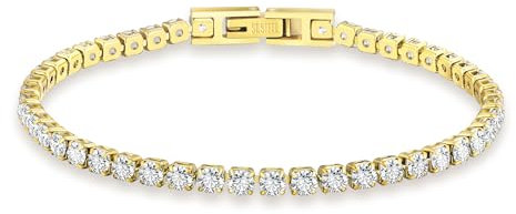 KRKC Damen Armband, 14K Gold Vergoldet 3mm Edelstahl Tennis Armband 5A Zirkonia, Nickel-frei Rostfrei Armkette Schmuck Geschenk für Frauen Geburtstag Muttertag Länge 16,5cm