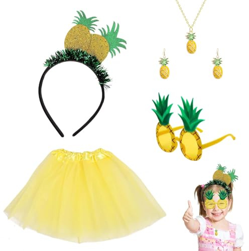 EULAPGOE Ananas Kostüm Damen Set,Ananas Tiara,Ananas Gläser– Kopfband + Ohrringe + Kette + Brille + Tutu – Hawaii Stil Zubehör für Karneval & Party – Gelb – 5-teilig