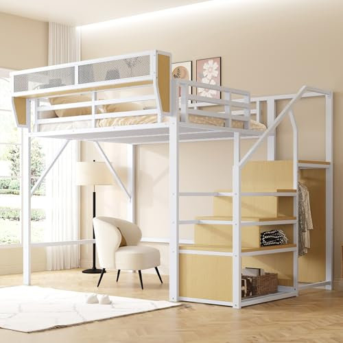 Kinderbett Hochbett 140x200 cm, Etagenbett Metallbett mit Treppe, Stauschrank und Abnehmbares Lagerregal, Jugendbett Doppelbett Bettgestell mit Rausfallschutz und Lattenrost, Ohne Matratze, Weiß