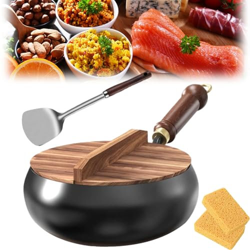 Uornwz Poêle en fer japonais avec couvercle en bois, 24 cm/28 cm, non revêtue, récipient en fer de haute pureté, forgé à la main, anti-adhésif Wok pour cuisinières à gaz