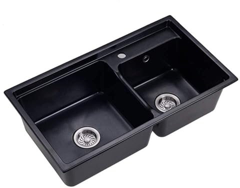 Lavello da Cucina in Acciaio Inox Nero - Lavello a Doppia Vasca in Acciaio Inox 304 Resistente con Pietra di Quarzo Ispessita, 60x45 cm