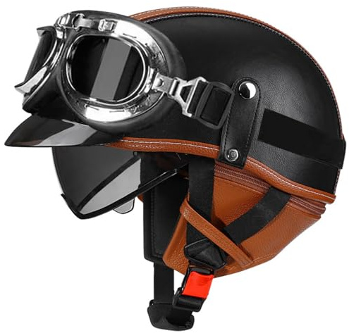 VVPEC Retro Halbschalenhelm Halbhelme Leder Motorradhelm Mit ECEDOT Genehmigt Brain-Cap Halbschale Roller-Helm Mit Schutzbrille Scooter-Helm Jet-Helm Für Erwachsene Herren Damen