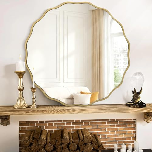 MWAZZLL Gold Mirrors with Wavy Framed Wooden Round Wall Mirror Home Decor 80cm for Bedroom Living Room Entryway Bathroom