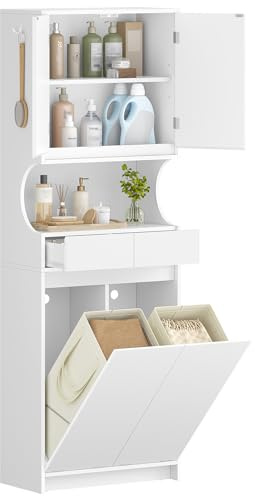 Hzuaneri Badezimmerschrank Badschrank mit Wäschekorb, Wäscheschrank | Hochschrank mit 2 Wäschekörbe, Verstellbare Regal, 2 Schubladen, für Badezimmer, Wäscheraum, Weiß, 30 x 60 x 174 cm BC46003X
