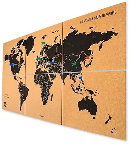 Zinello Design – Mappamondo da Parete 90x45 cm – 6 Pannelli Autoadesivi in Sughero – Mappa del Mondo con Puntine – Planisfero Segna Viaggi – 60 Puntine Incluse