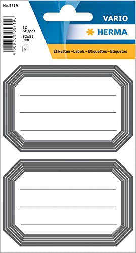 HERMA 5719 Buchetiketten zum Beschriften neutral grauer Rand, 12 Stück, 82 x 55 mm, selbstklebend, liniert, Buchaufkleber für Schule Kinder Mädchen Jungen, blanko Heftetiketten Aufkleber, weiß