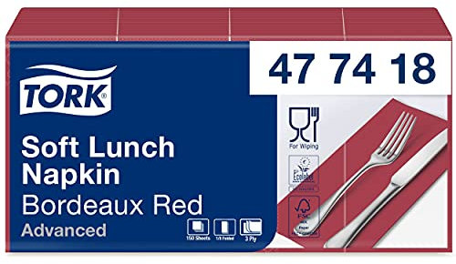 Tork 477418 Soft Lunchservietten Bordeauxrot 1/8 Falz / 3-lagige, vorgefaltete Servietten für kleine Gerichte und Snacks / Advanced Qualität / 10 x 150 (1500) Papierservietten / 32,6 x 33 cm (B x L)